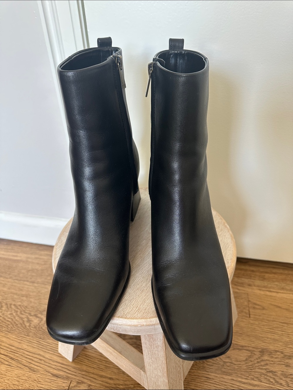 Marc Fisher LTD Floria Booties Black Leather Block Heel Square Toe